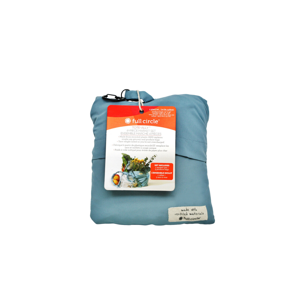 A set of blue market bags displayed with the packaging indicating it is a 4-piece set including one market tote and three produce bags.