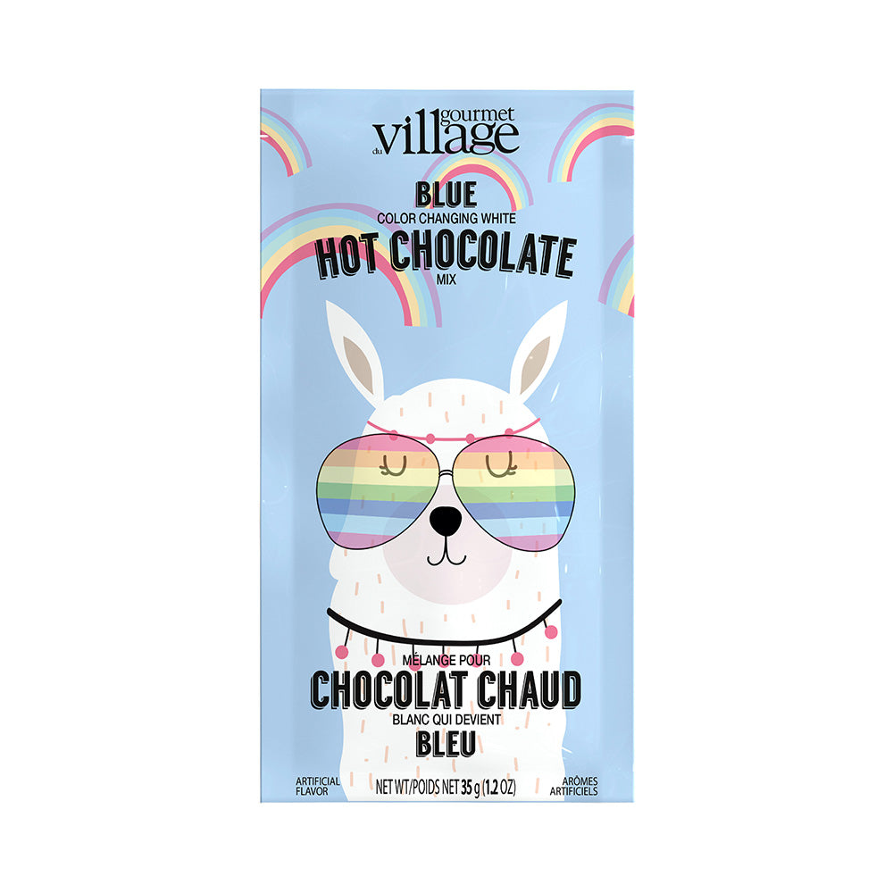 Playful packaging for a color-changing blue hot chocolate mix. Features a cute llama wearing rainbow sunglasses, set against a light blue background with rainbows.