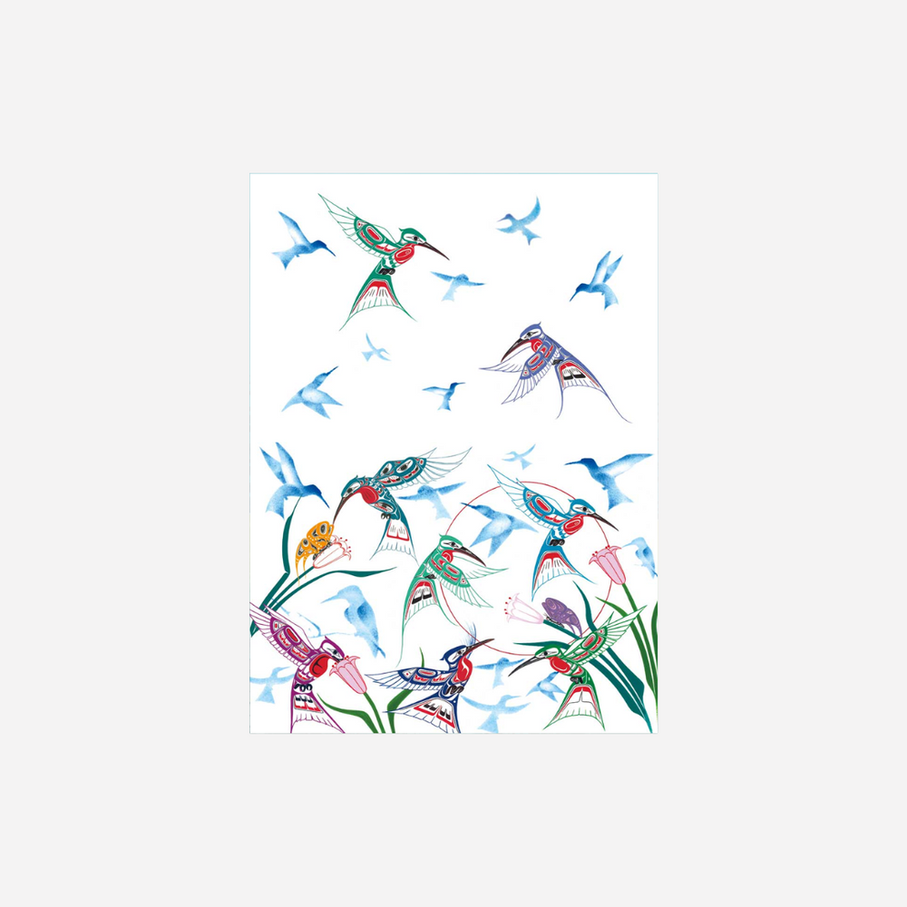 Indigenous Art Tea Towel Garden of Hummingbirds
