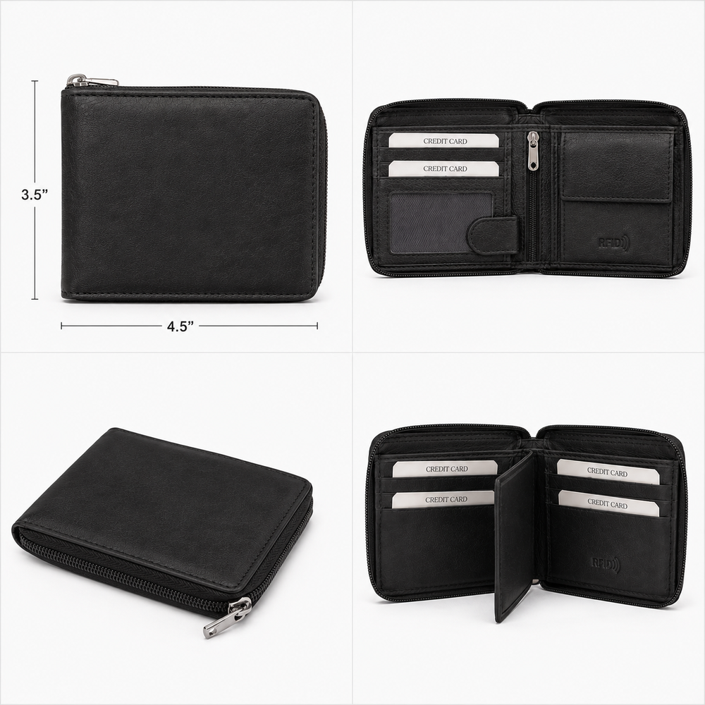 Men’s black genuine leather RFID zip around wallet with zipper closure and ID holder
