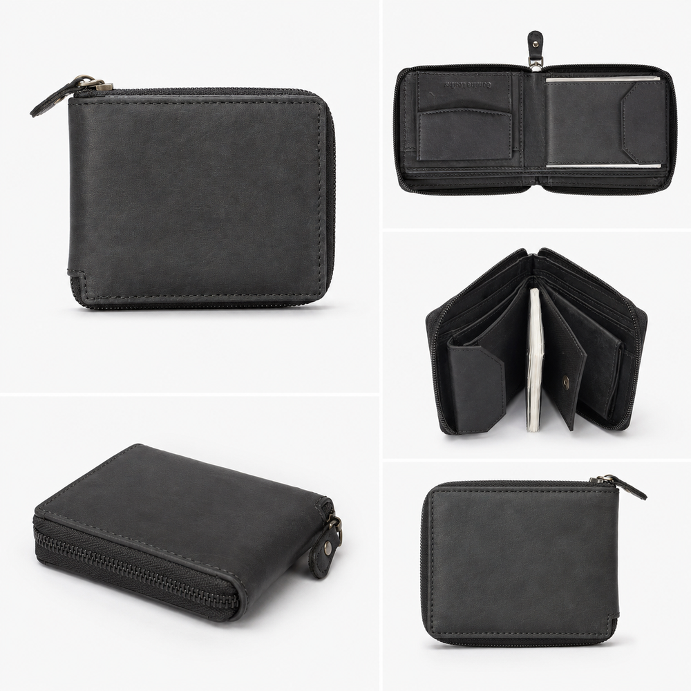 Men’s black genuine leather zip around wallet with removable card holder and coin pocket