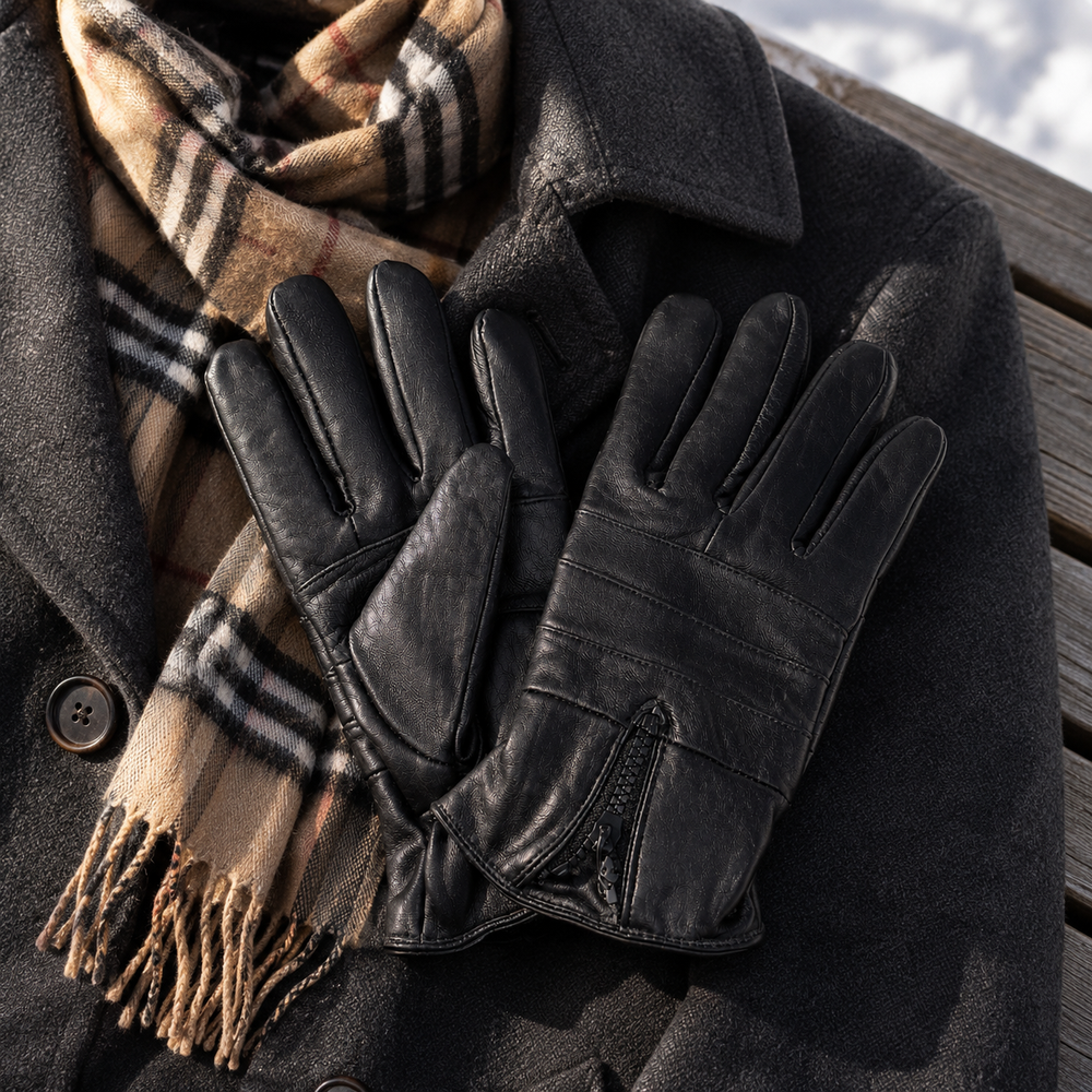 Black leather winter gloves styled on a charcoal wool coat with a beige plaid scarf, creating a classic cold-weather lifestyle scene.