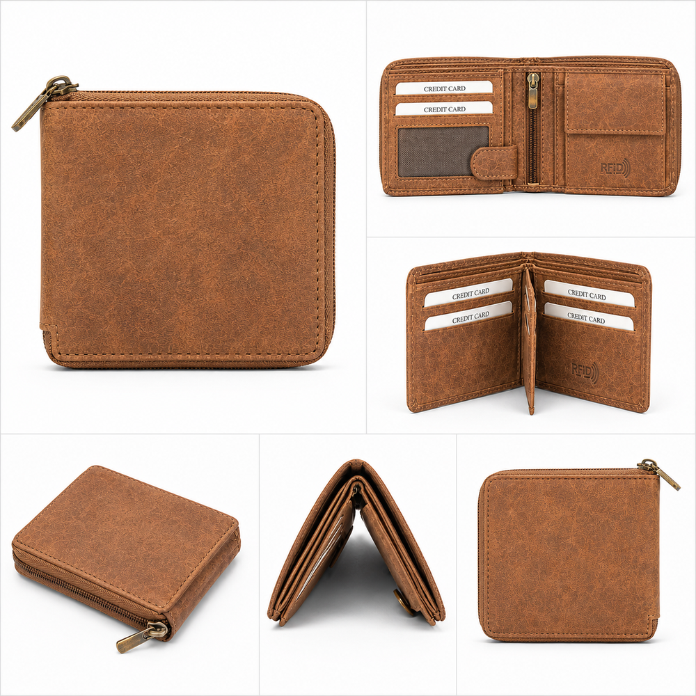 Men’s hunter brown genuine leather RFID zip around wallet with zipper closure