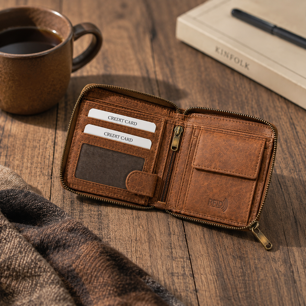 Genuine Men’s Hunter Brown Leather RFID Zip Around Wallet (S-504)