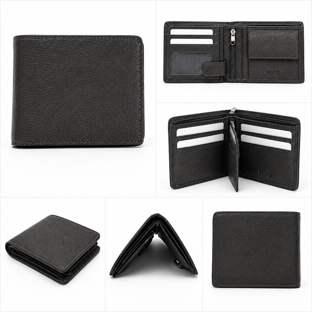 Men’s black genuine leather RFID wallet with coin pocket and zipper compartments
