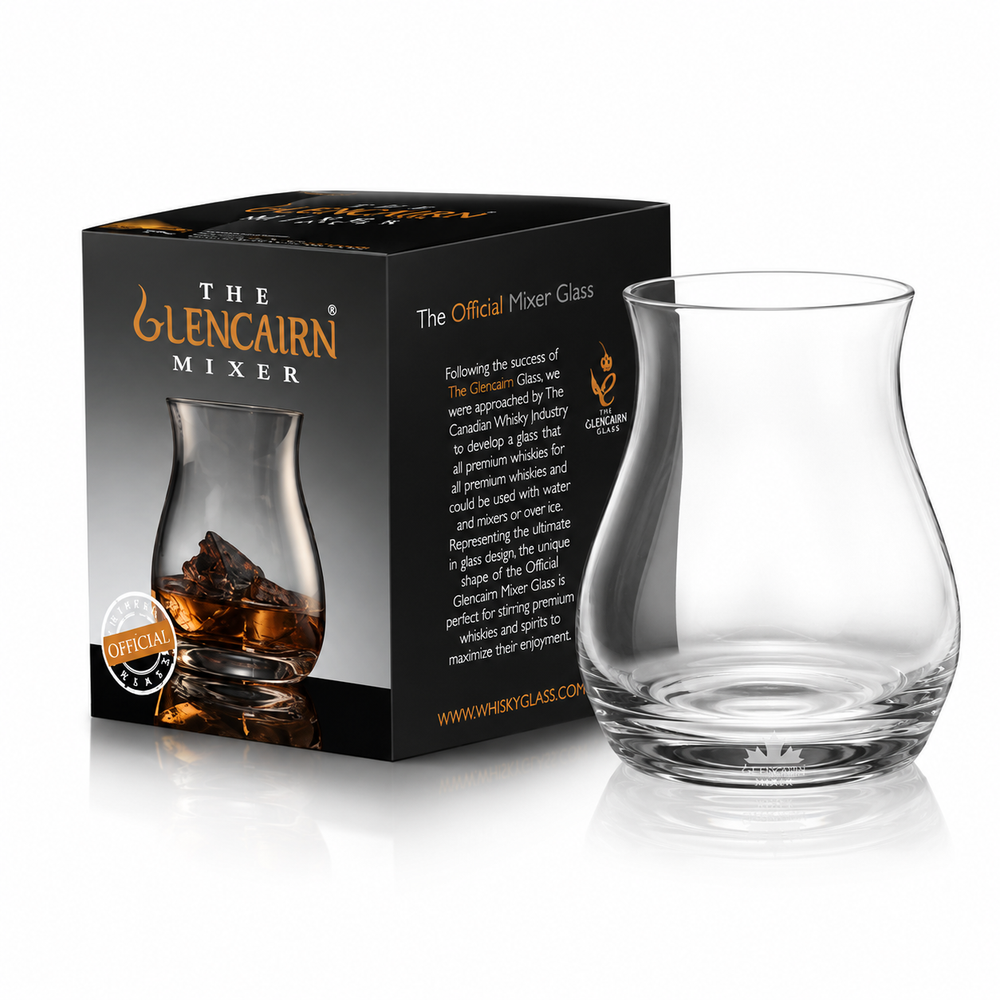 Clear mixing glass with 'The Glencairn Mixer' packaging and a close-up of the glass with liquid.