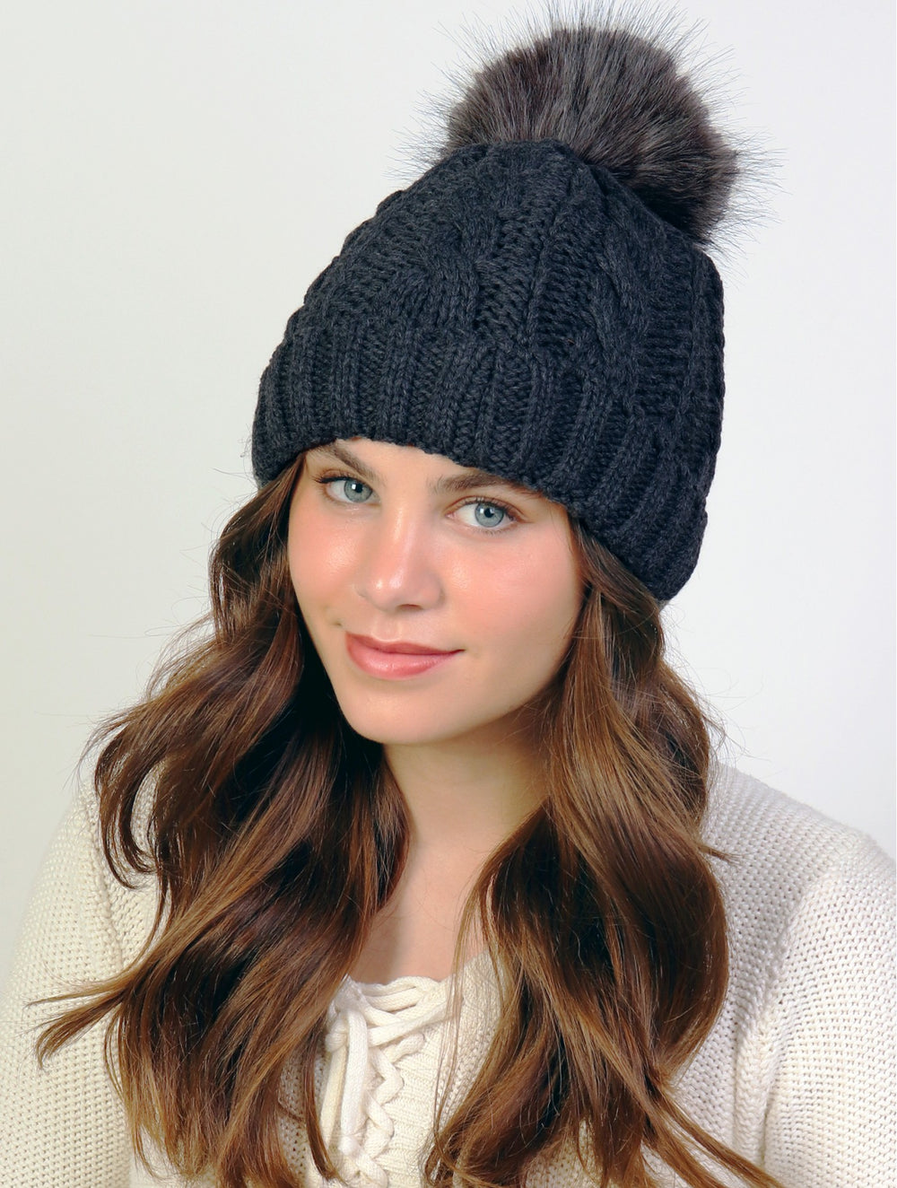 Grand Dark Grey Cable Knitted Toque w/Pompom