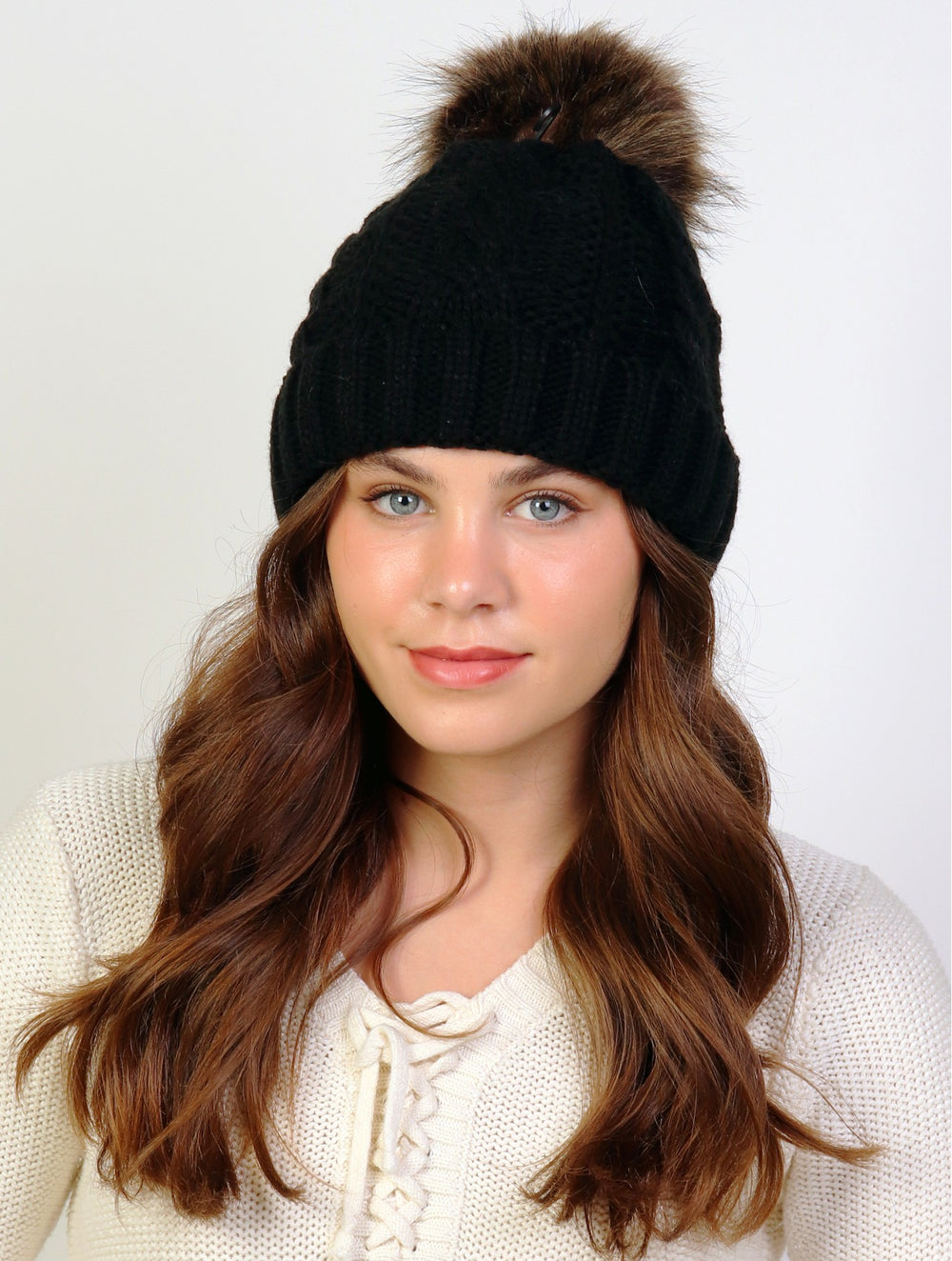 Grand Black Cable Knitted Toque w/Pompom