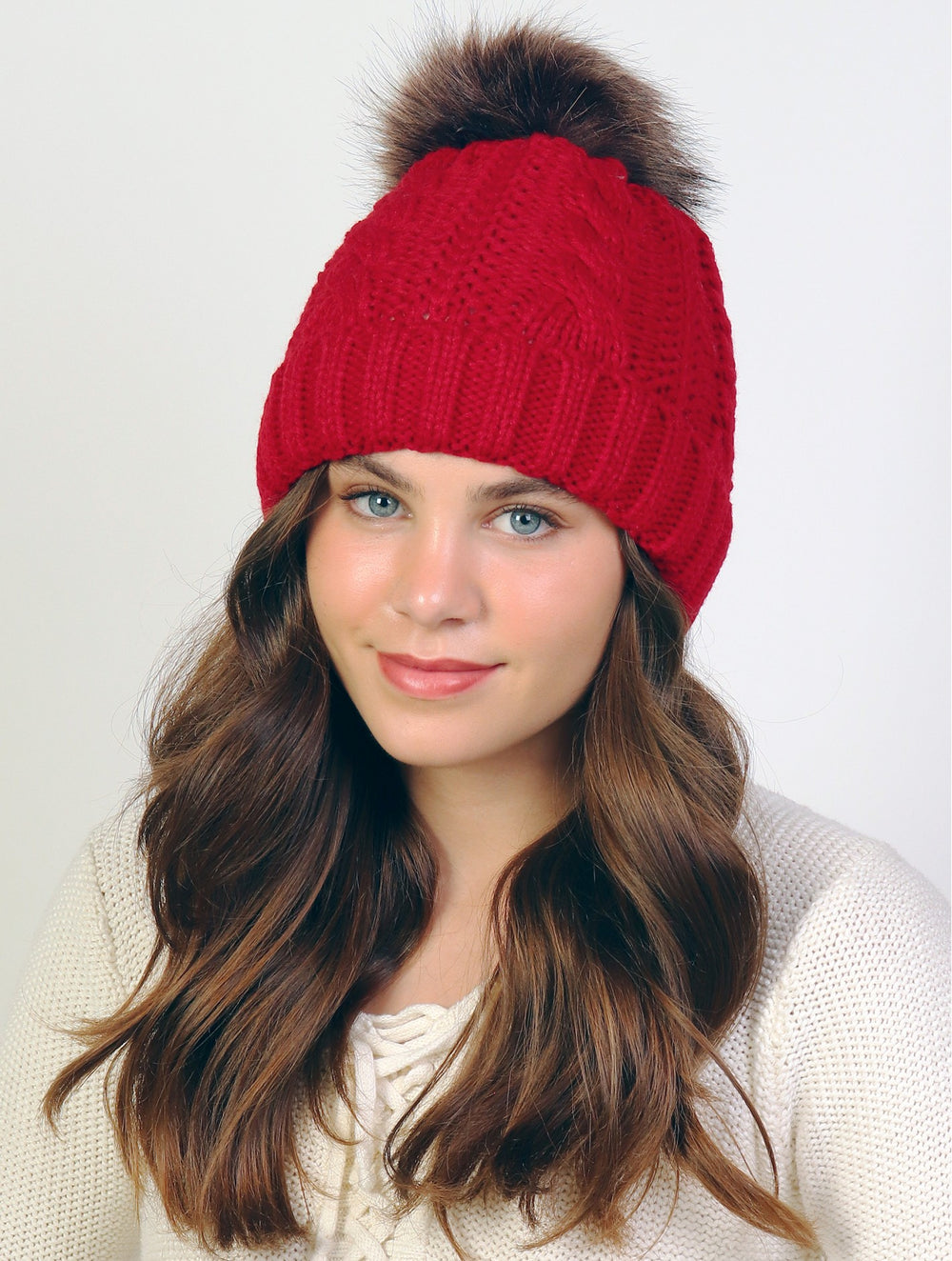 Grand Burgundy Cable Knitted Toque w/Pompom