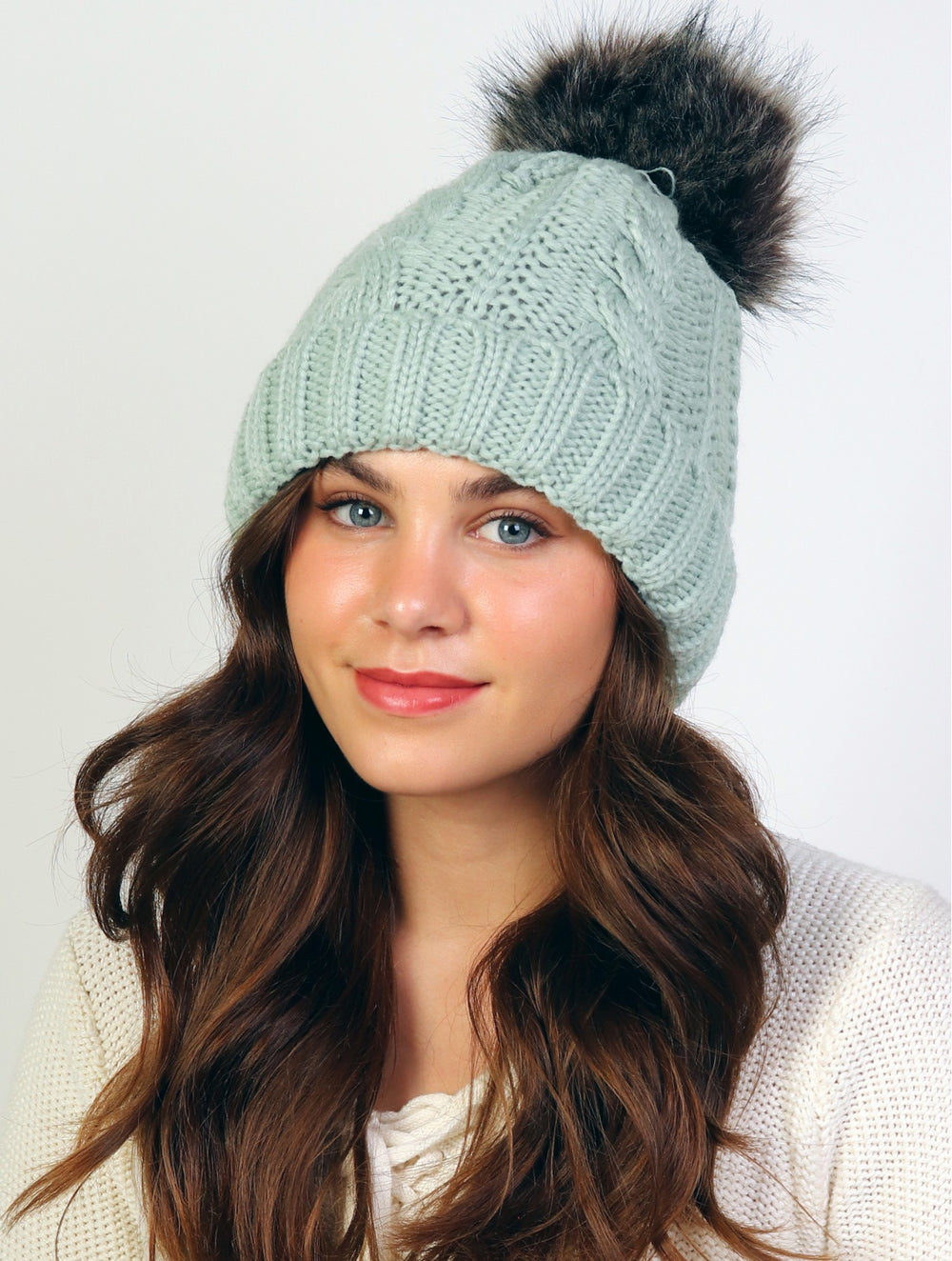 Grand Light Green Cable Knitted Toque w/Pompom