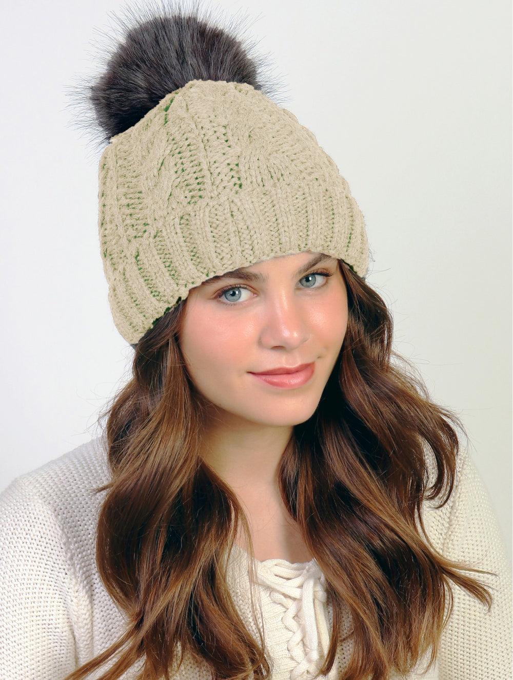 Grand Beige Cable Knitted Toque w/Pompom