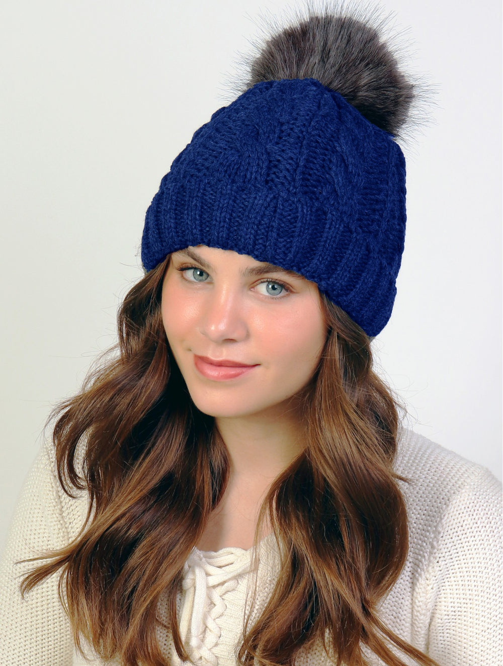 Grand Navy Cable Knitted Toque w/Pompom