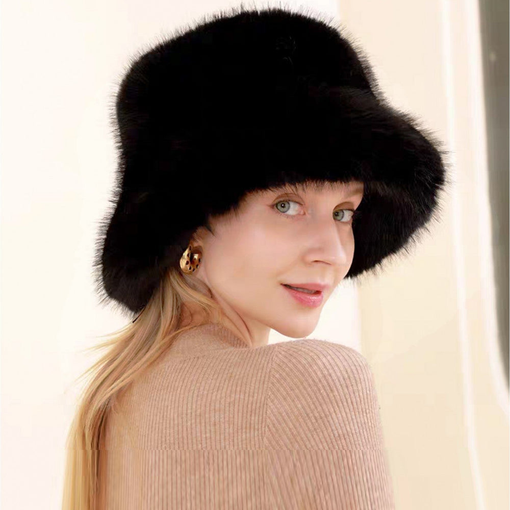 Solid Black Fuzzy Hat with Brim