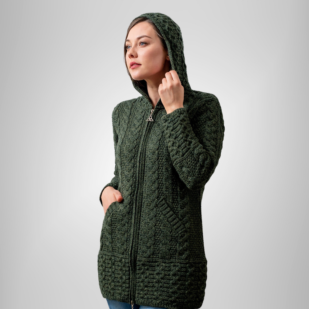 Aran Irish Hooded Coat w/Celtic Knot Zipper - Army Green (HD4025)