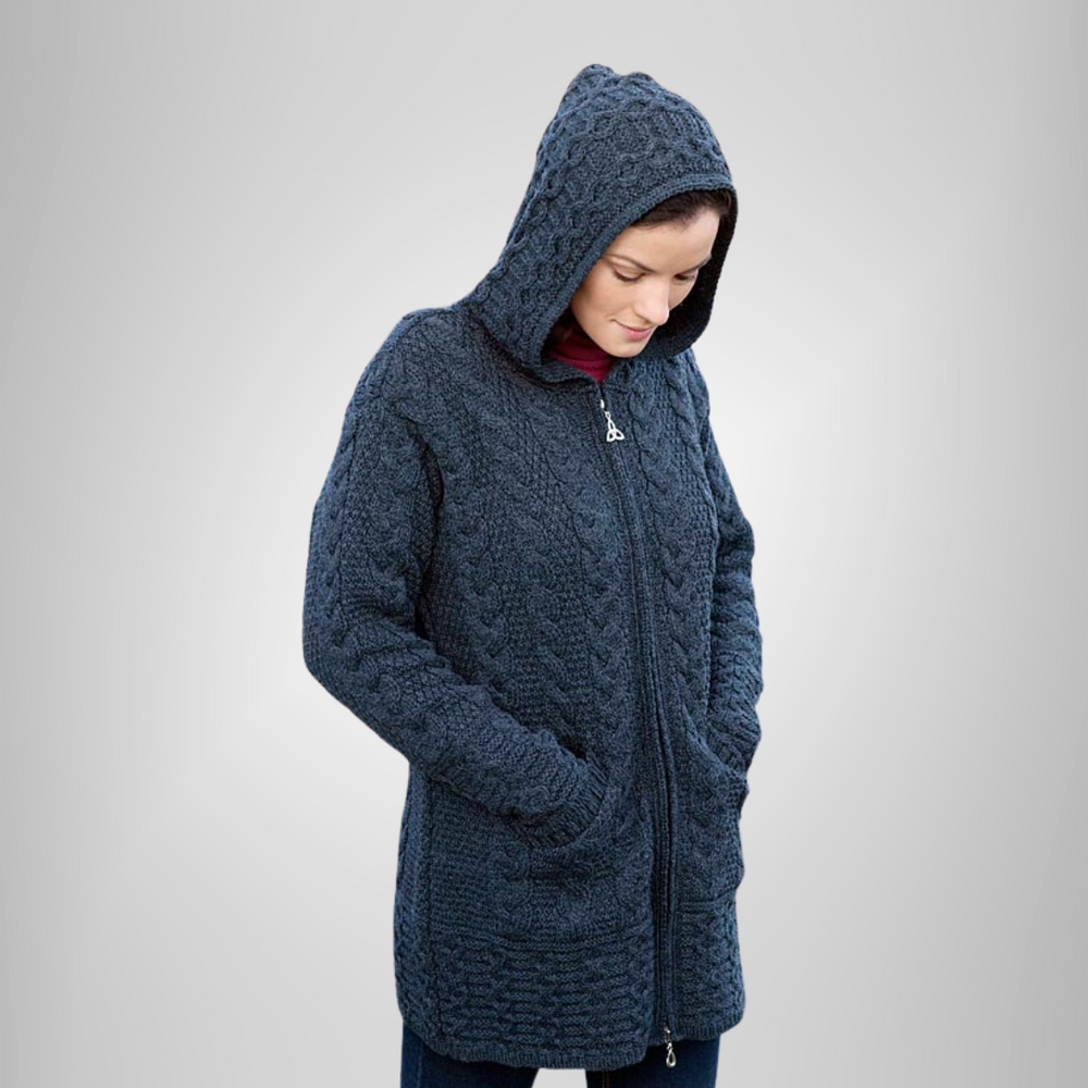 Aran Irish Hooded Coat w/Celtic Knot Zipper - Charcoal (HD4025)