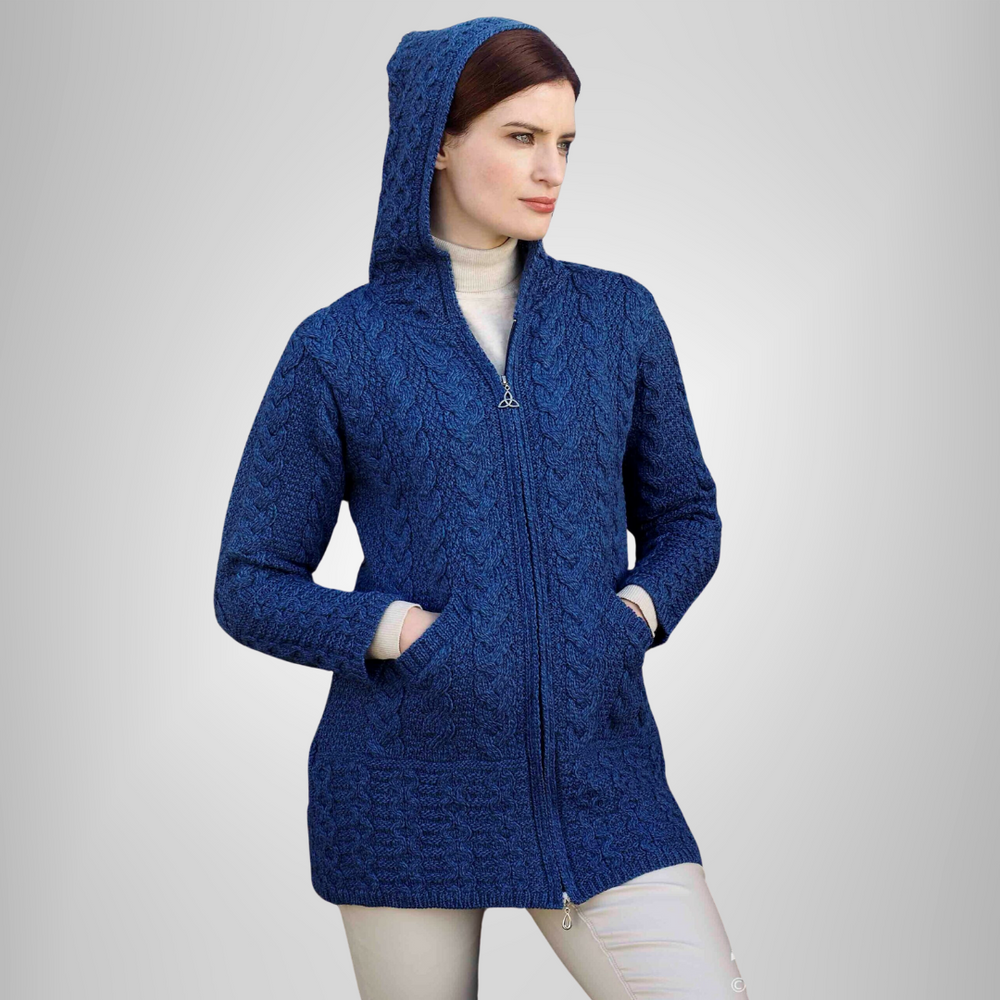 Aran Irish Hooded Coat w/Celtic Knot Zipper - Marl Blue (HD4025)