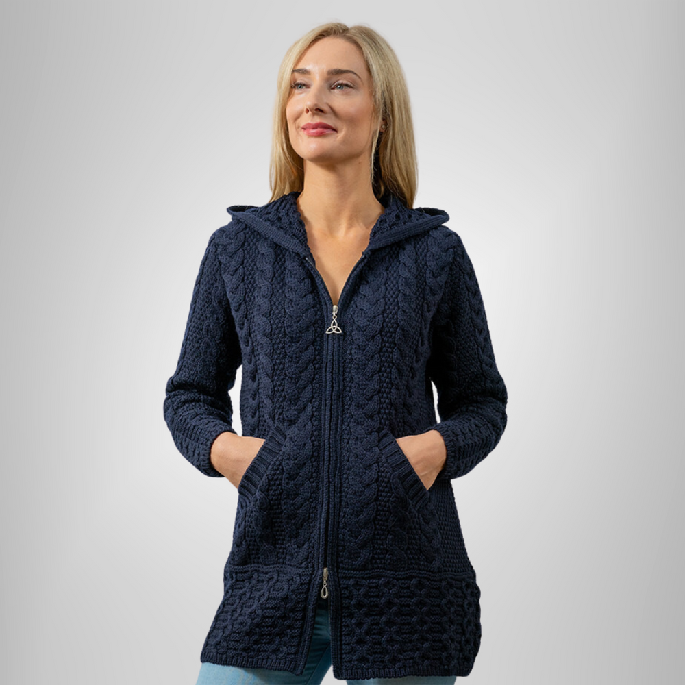 Aran Irish Hooded Coat w/Celtic Knot Zipper - Navy (HD4025)