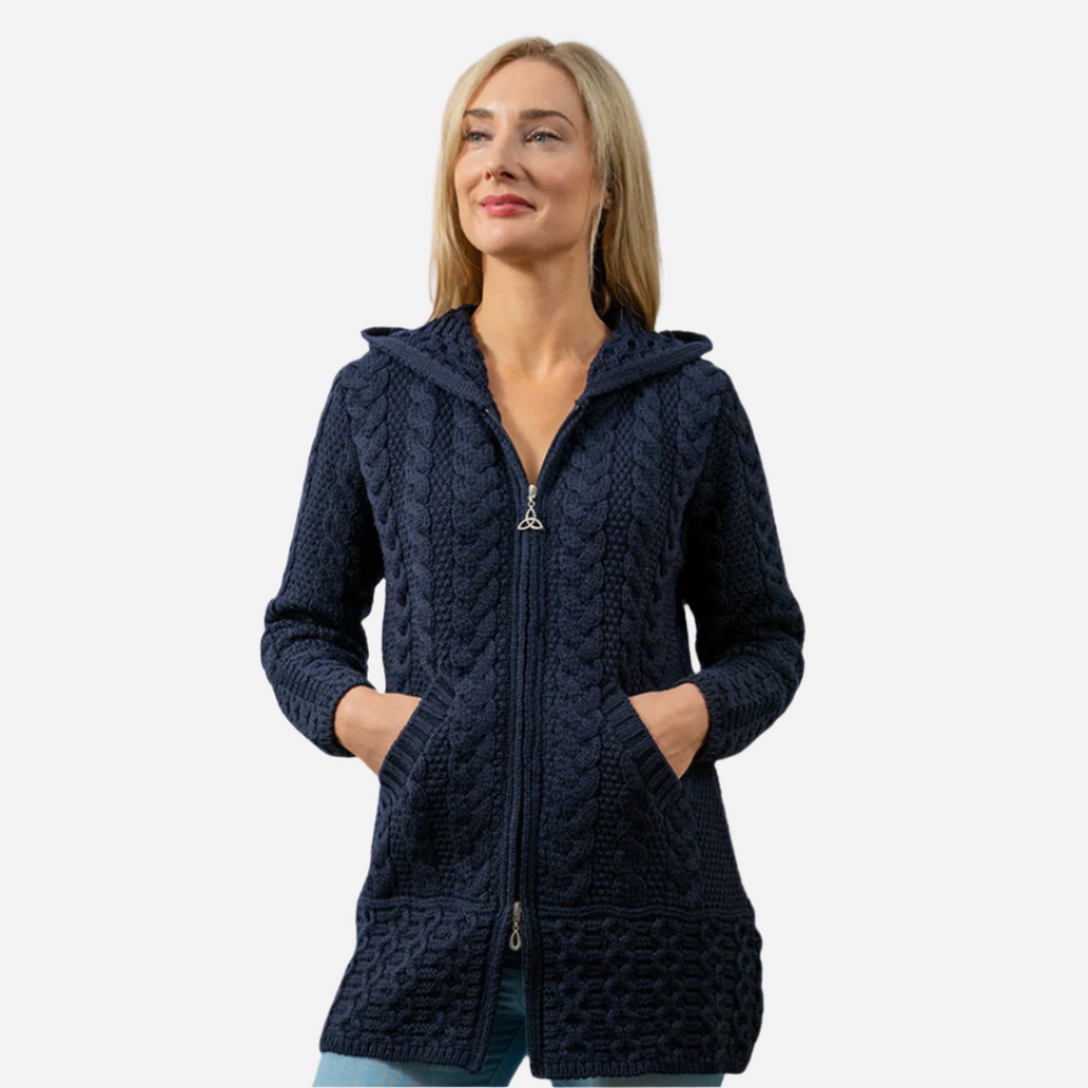 Aran Irish Hooded Coat w Celtic Knot Zipper Navy HD4025