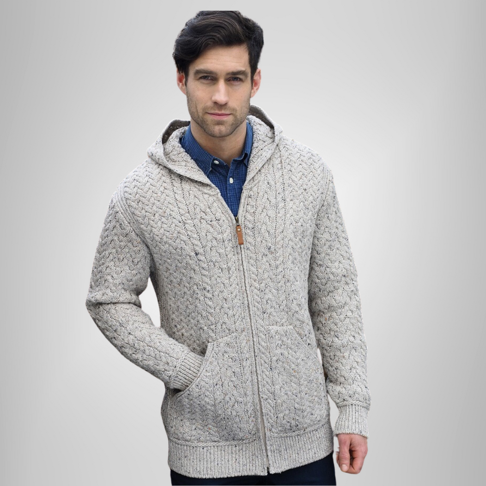 Aran Irish Men's Hooded Zip Cardigan - Oatmeal (HD4821)