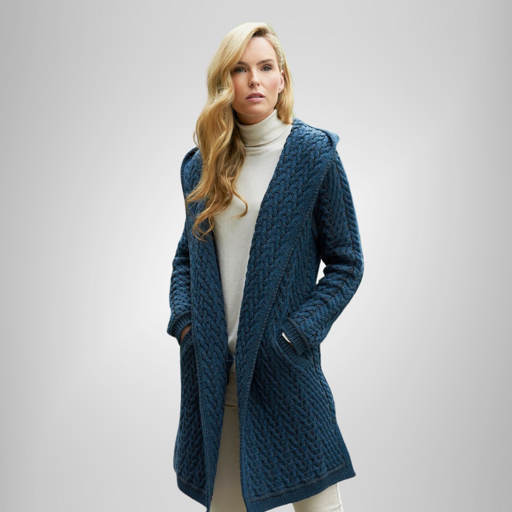 Aran Irish Herringbone Shawl Hood Cardigan - Mallard (HD4872)