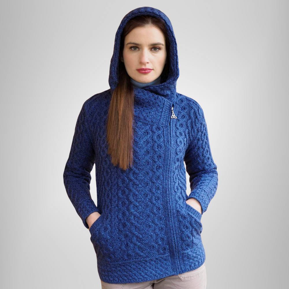 Aran Irish Side Zip Heart Design Hooded Cardigan - Marl Blue (HD4916)