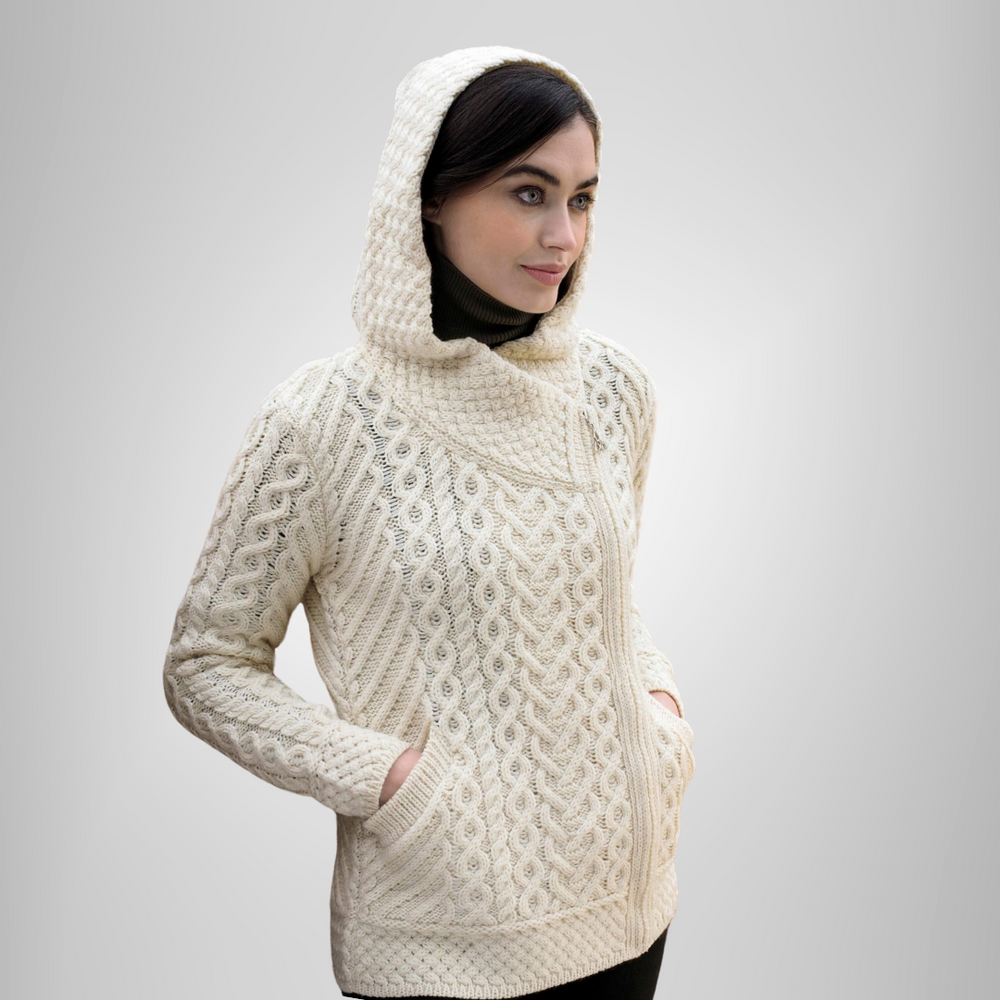 Aran Irish Side Zip Heart Design Hooded Cardigan - Natural (HD4916)