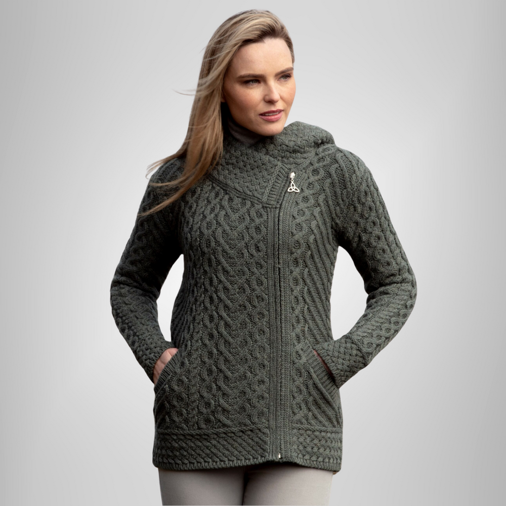 Aran Irish Side Zip Heart Design Hooded Cardigan - Thundra (HD4916)