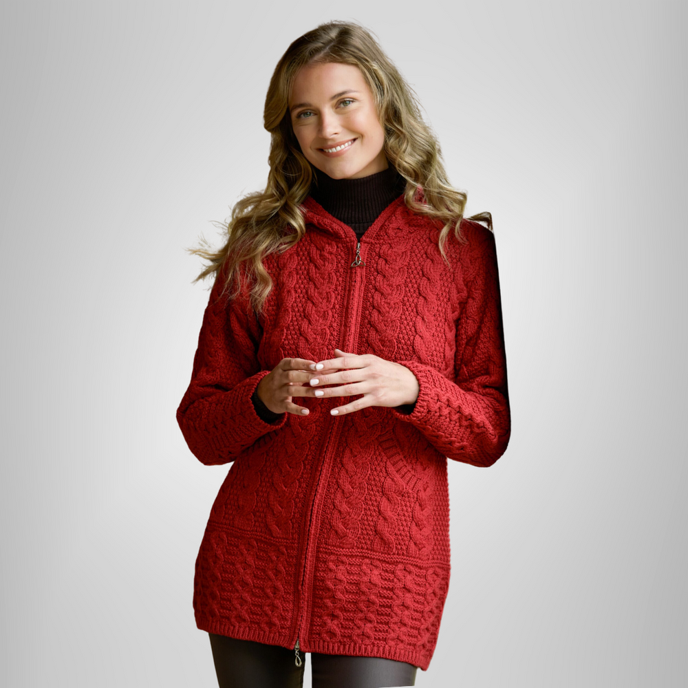 Aran Irish Hooded Coat w/Celtic Knot Zipper - Cherry (HD4025)