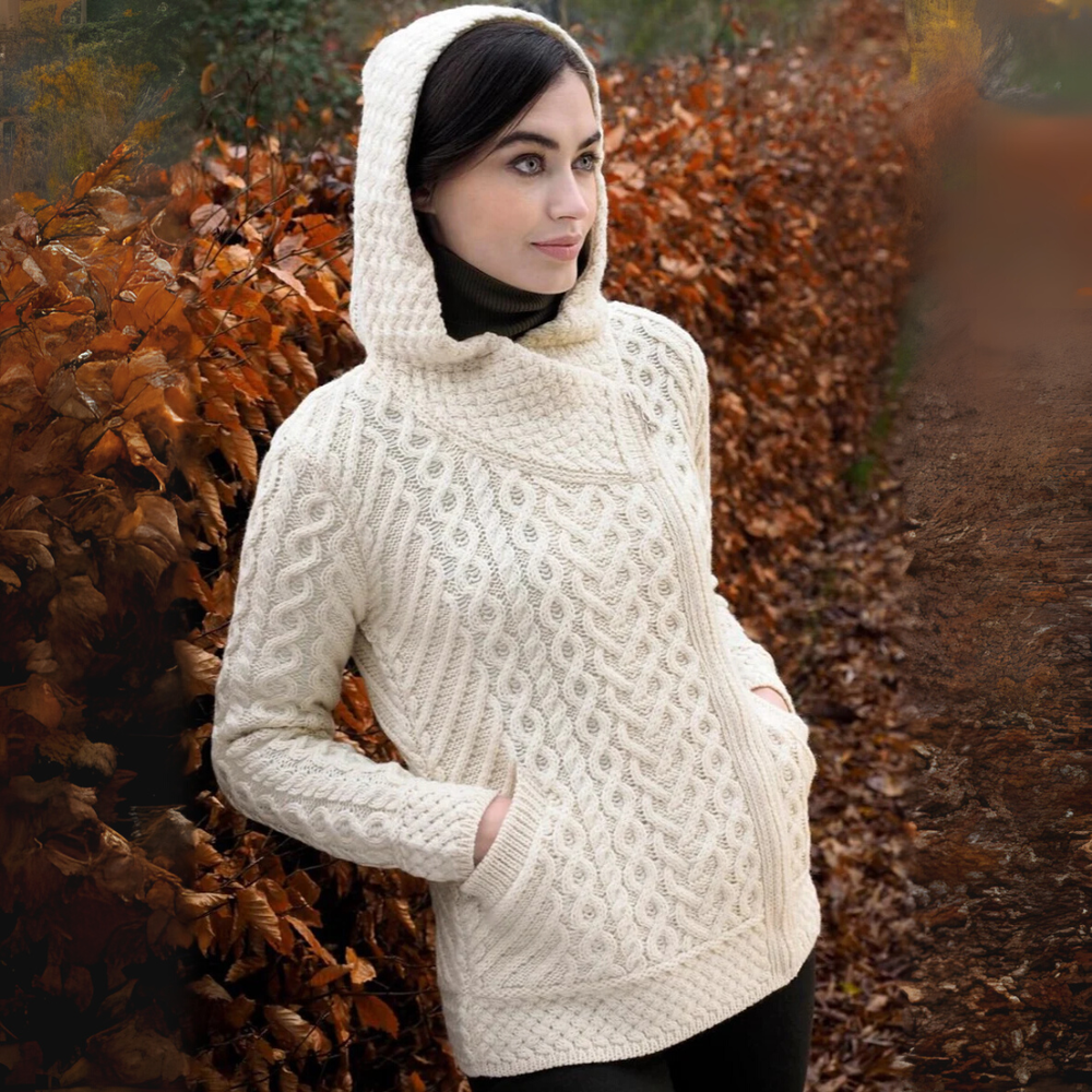 Aran Irish Women's Side Zip Cardigan w/Hood - Natural (HD4916)