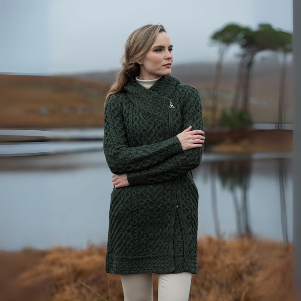 Aran Irish Women's Side Zip Claddagh Heart Coat - Army Green (HD4918)