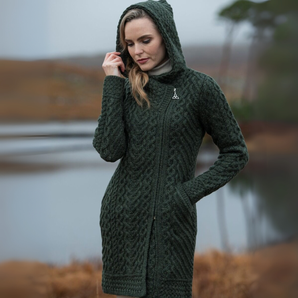 Aran Irish Women's Side Zip Claddagh Heart Coat - Army Green (HD4918)