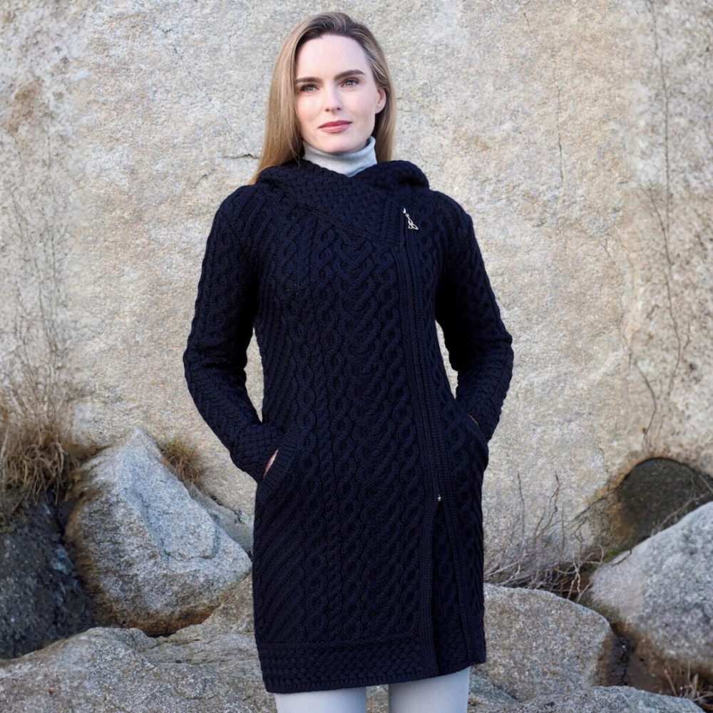 Aran Irish Women's Side Zip Claddagh Heart Coat - Navy (HD4918)
