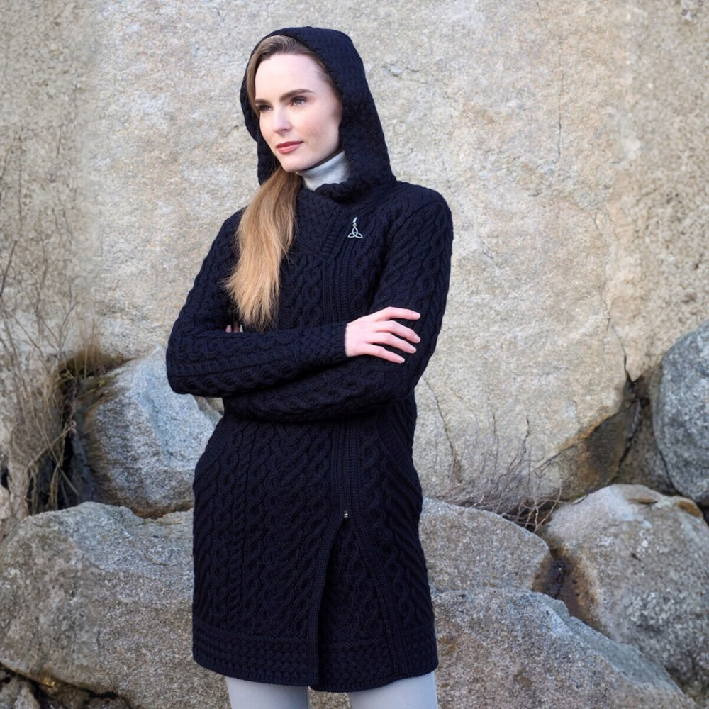 Aran Irish Women's Side Zip Claddagh Heart Coat - Navy (HD4918)