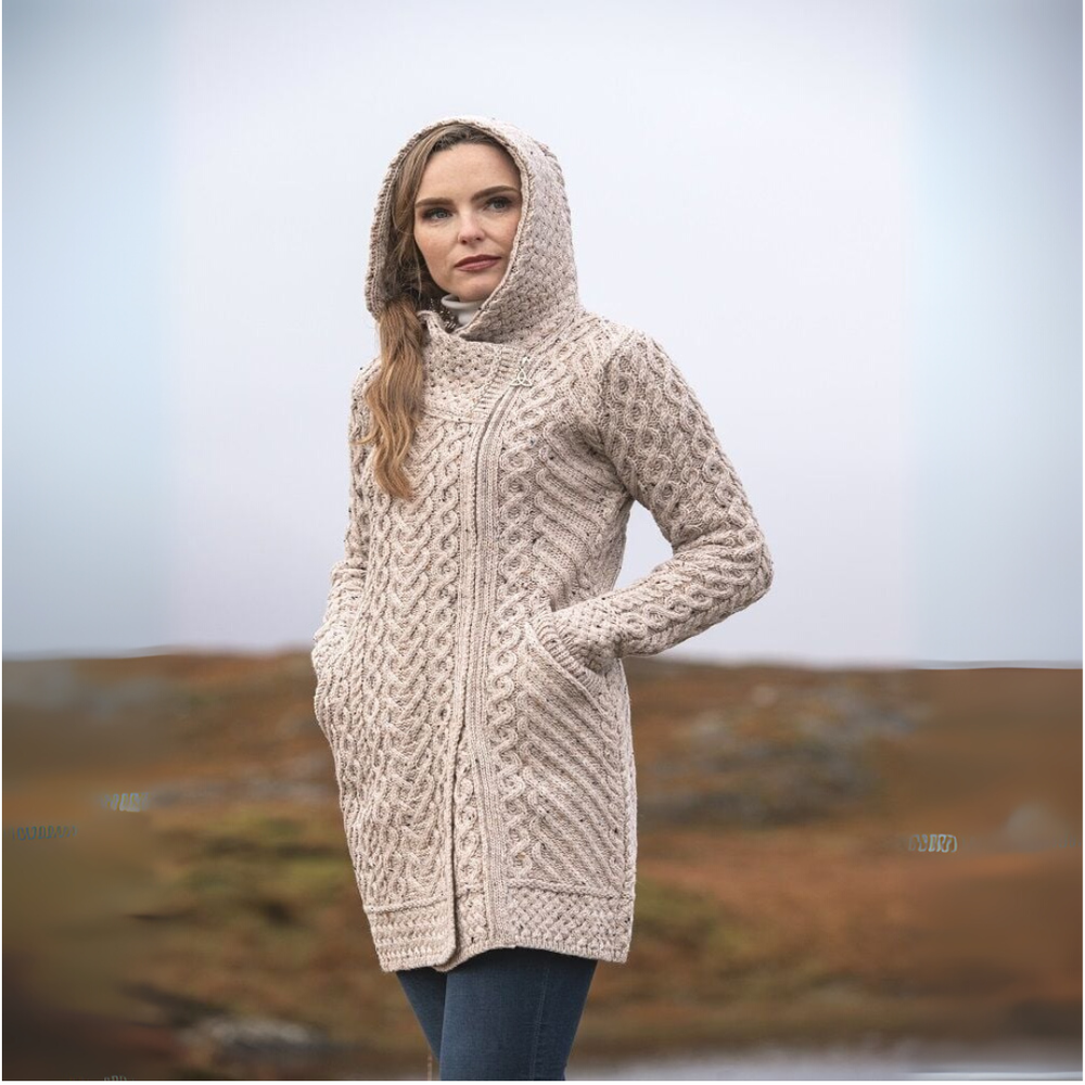 Aran Irish Women's Side Zip Claddagh Heart Coat - Parsnip (HD4918)