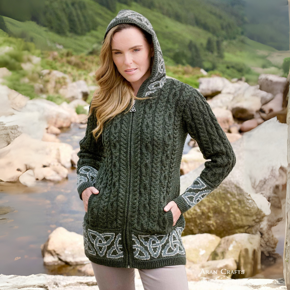 Aran Irish Women's Jacquard Celtic Hooded Coat - Army Green (HD5464)
