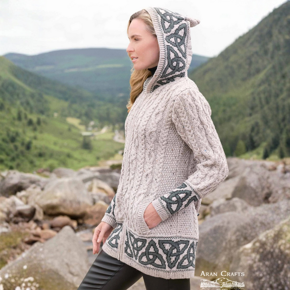 Aran Irish Women's Jacquard Celtic Hooded Coat - Oatmeal (HD5464)