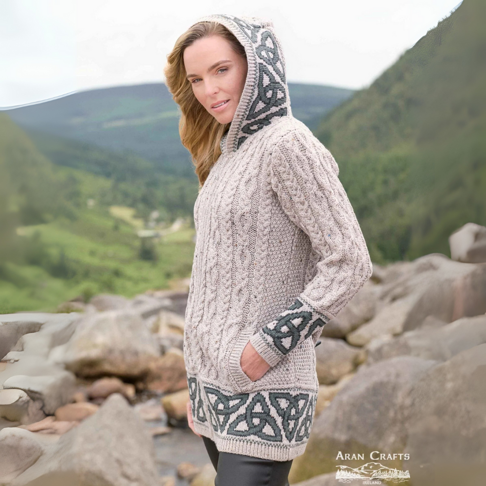 Aran Irish Women's Jacquard Celtic Hooded Coat - Oatmeal (HD5464)