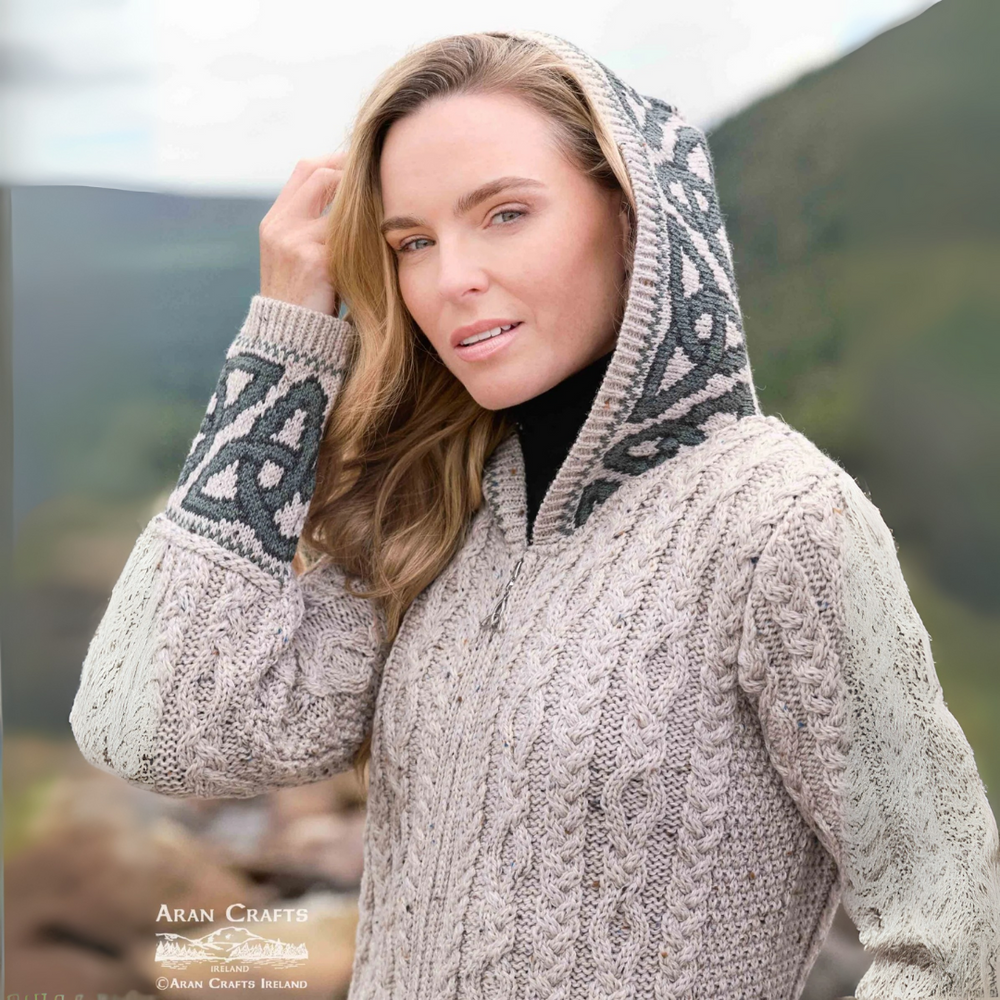 Aran Irish Women's Jacquard Celtic Hooded Coat - Oatmeal (HD5464)