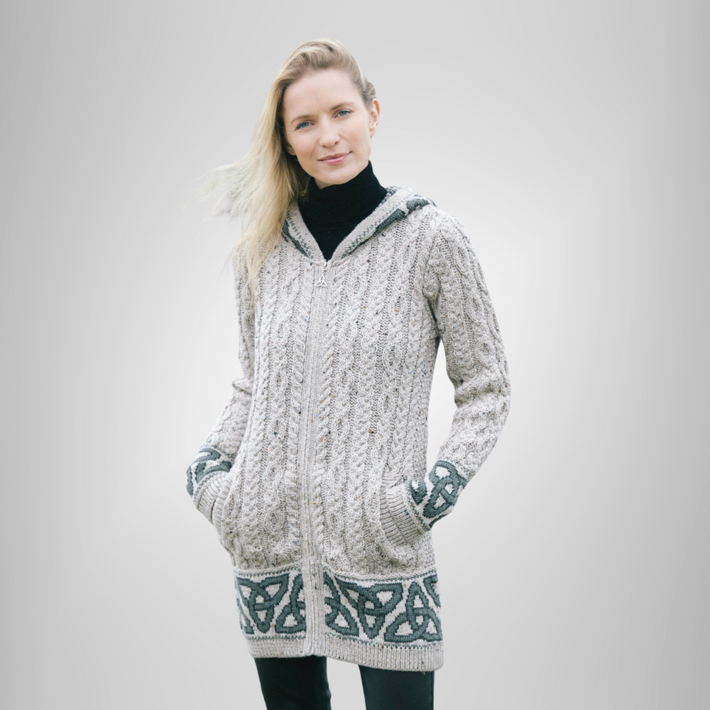 Aran Irish Jacquard Celtic Hooded Coat - Oatmeal (HD5464)