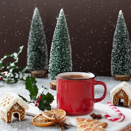 A red mug of hot chocolate sits on a snowy table with gingerbread cookies, candy canes, and dried orange slices.