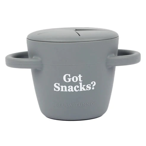 Gray snack container with 'Got Snacks?' text on a white background