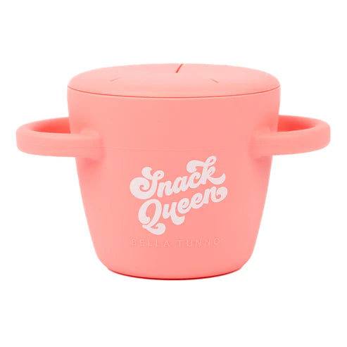 Pink snack container with 'Snack Queen' text on a white background