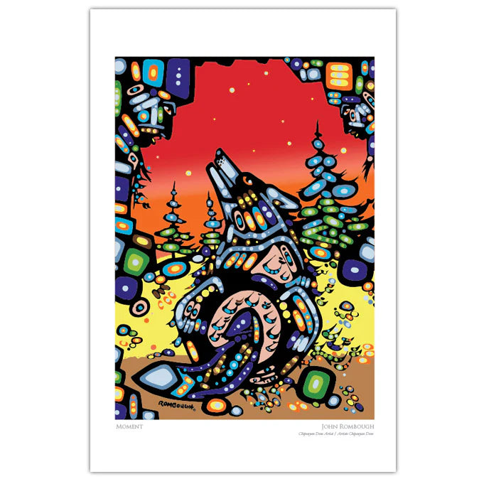 Colorful artwork of a stylized wolf and human figure with a night sky and trees in the background.