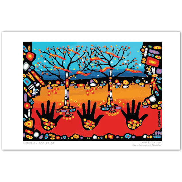 Colorful artwork with trees and hands on a white background