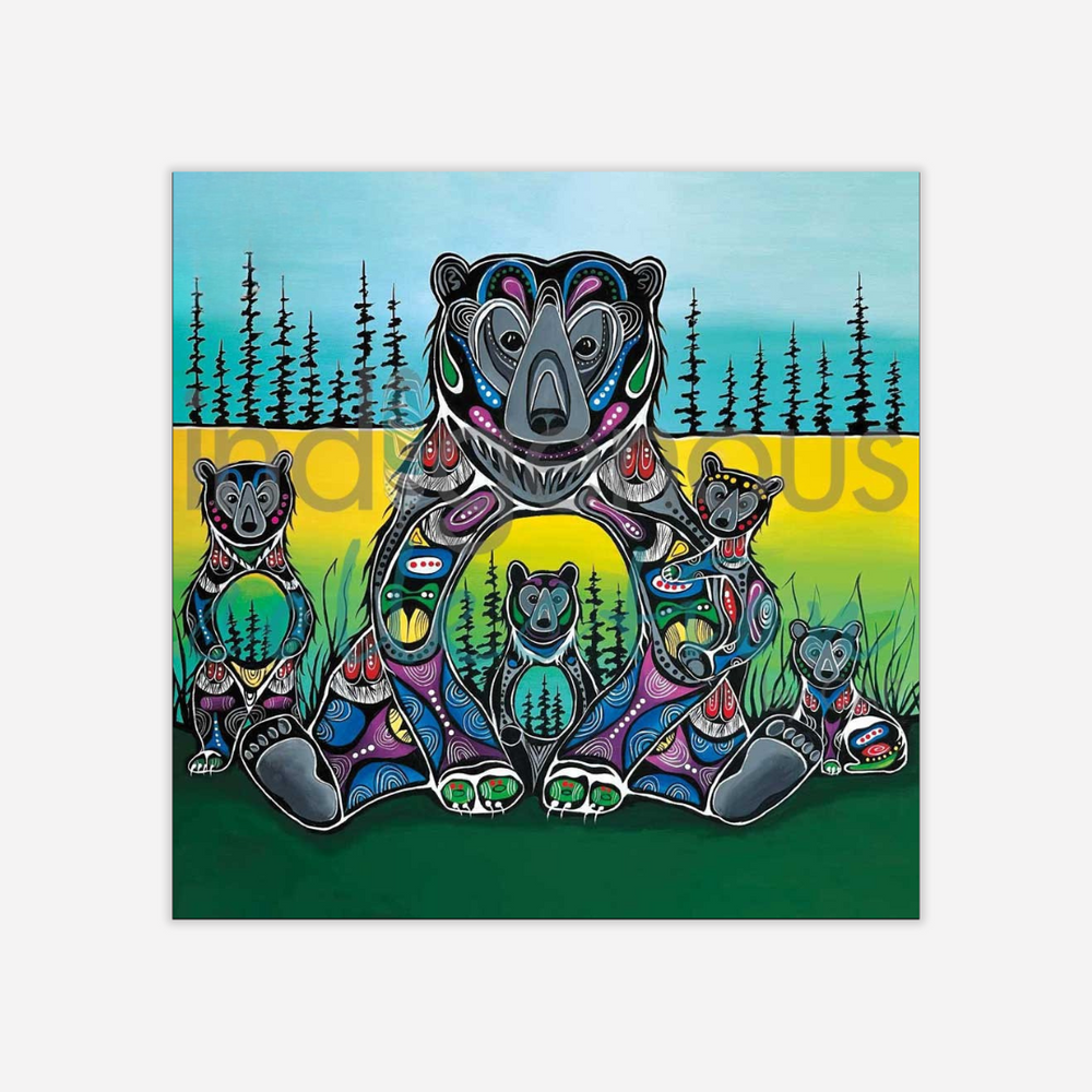 Colorful illustration of a bear family with a forest background