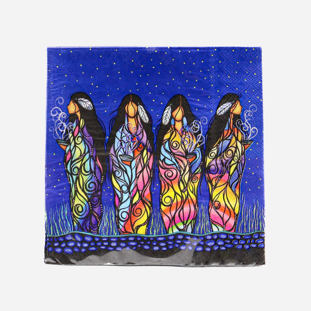 Colorful painting of four stylized figures against a starry night sky.