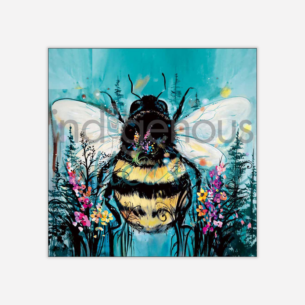 Illustration of a bee with floral wings and a forest background