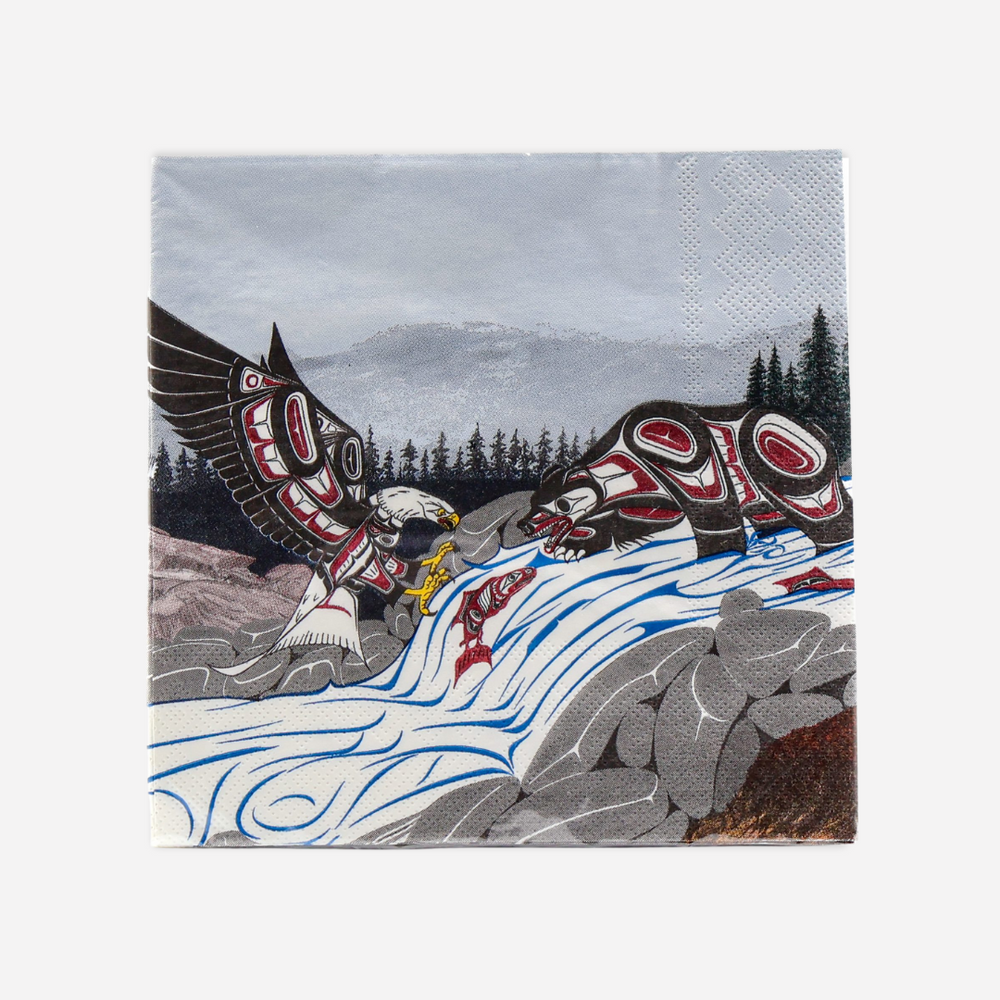 Napkin with a nature-themed design featuring animals and landscapes.