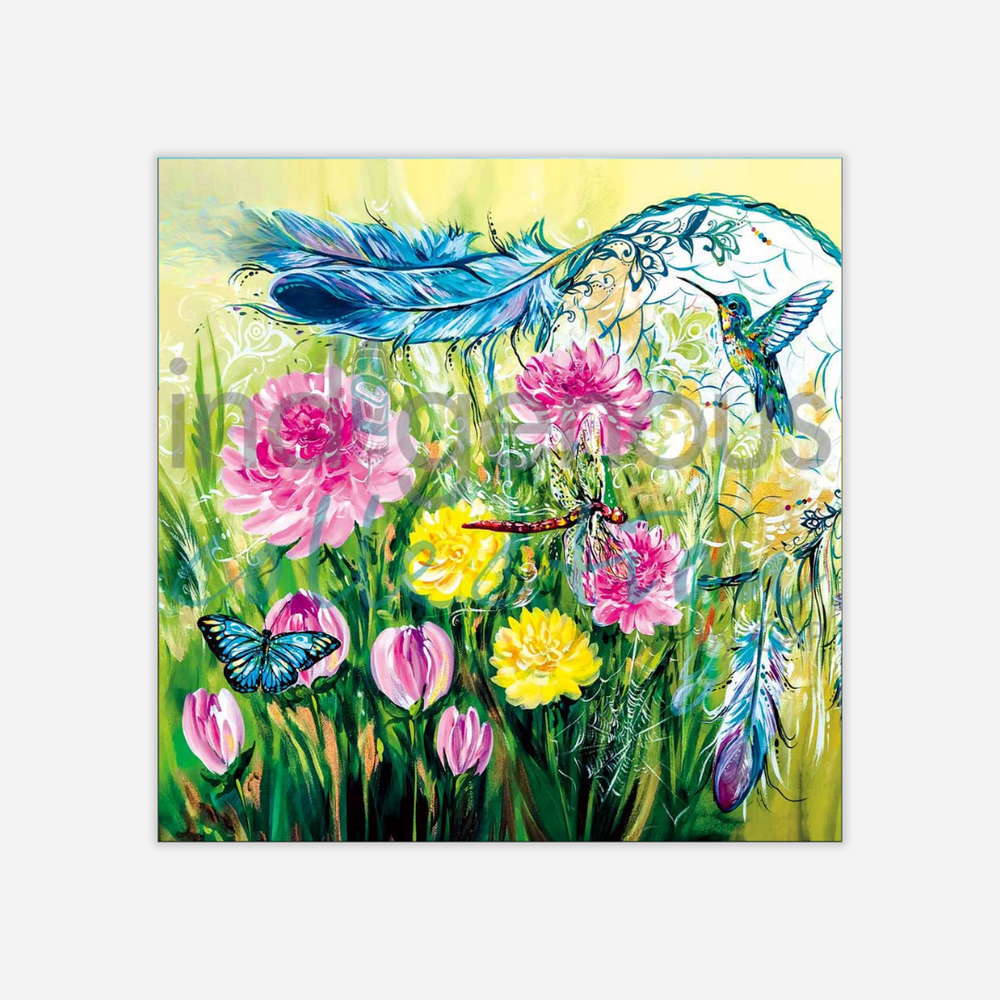 Colorful painting of flowers, butterflies, and a dragonfly with a blue feather.