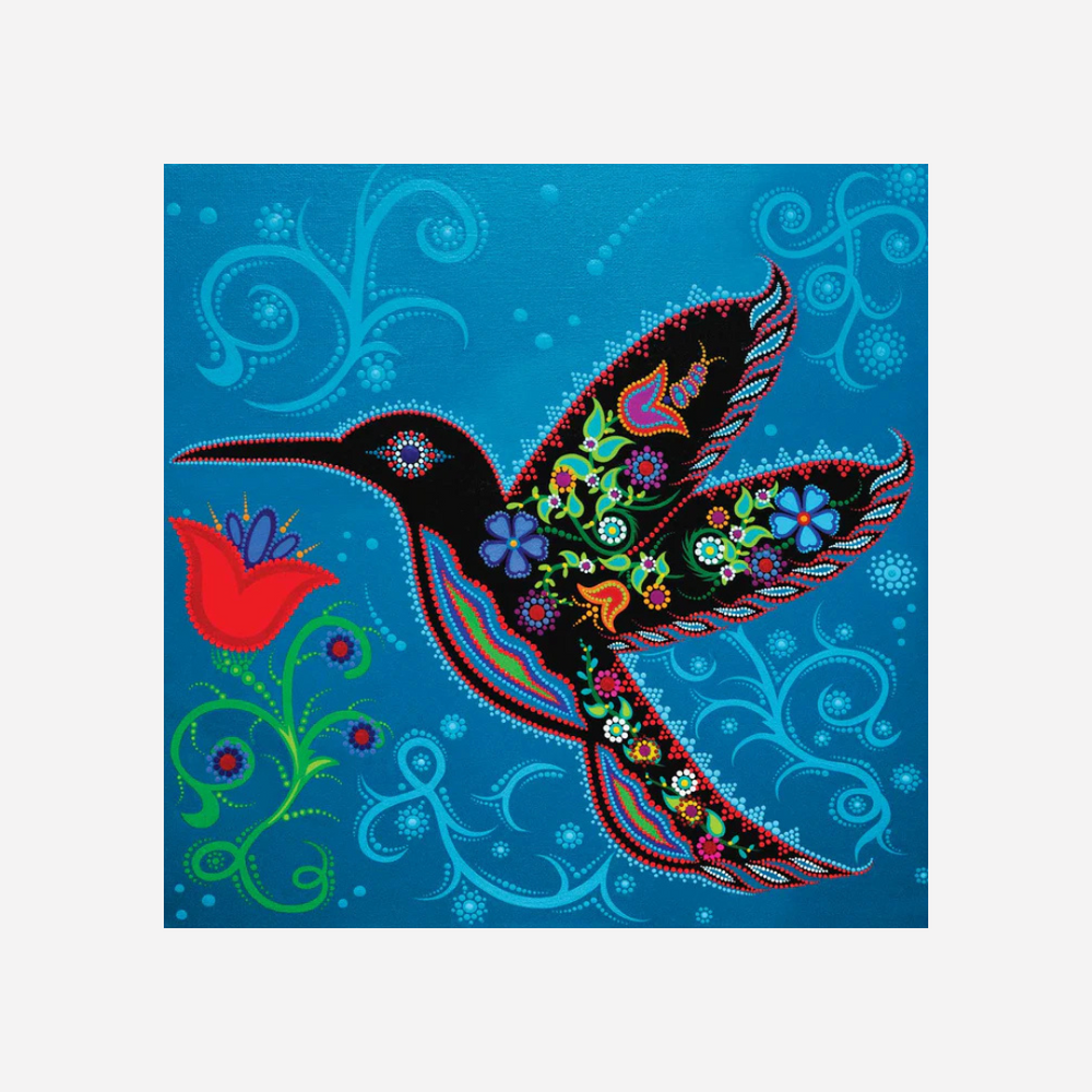 Colorful hummingbird illustration on a blue background with floral patterns